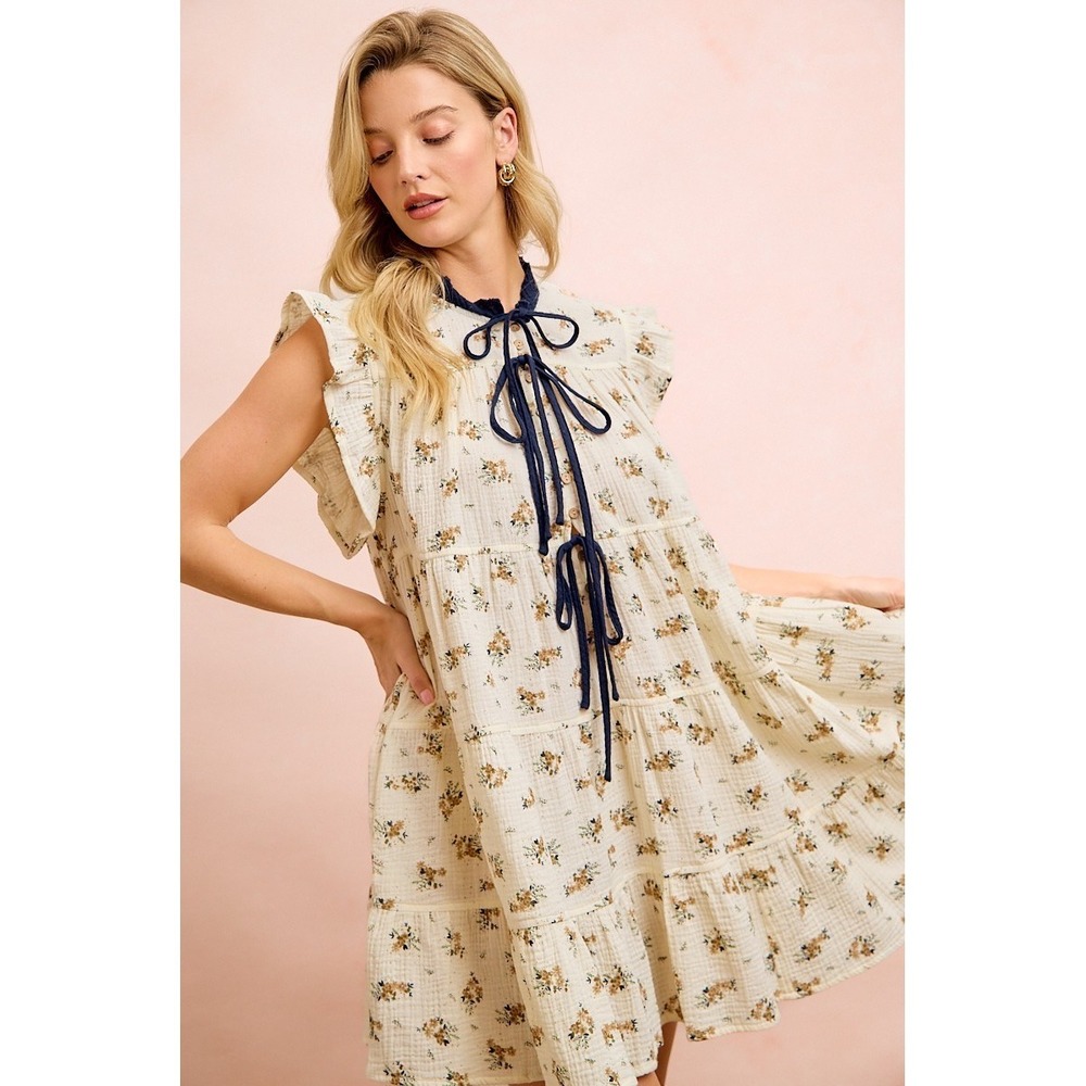 BiBi Floral Multi-tierd Dress With Ruffles And Front Tie - Oatmeal/Navy - Large - Picture 9 of 16
